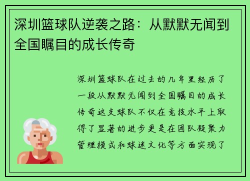 深圳篮球队逆袭之路：从默默无闻到全国瞩目的成长传奇