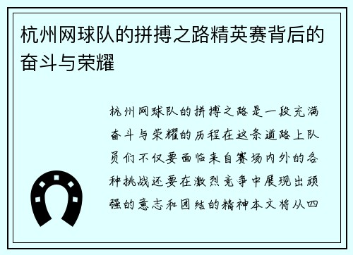 杭州网球队的拼搏之路精英赛背后的奋斗与荣耀